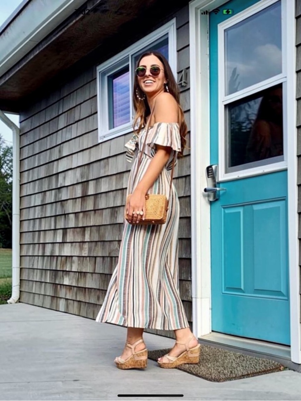 SALTWATER LUXE OFF THE SHOULDER MIDI DRESS STRIPED